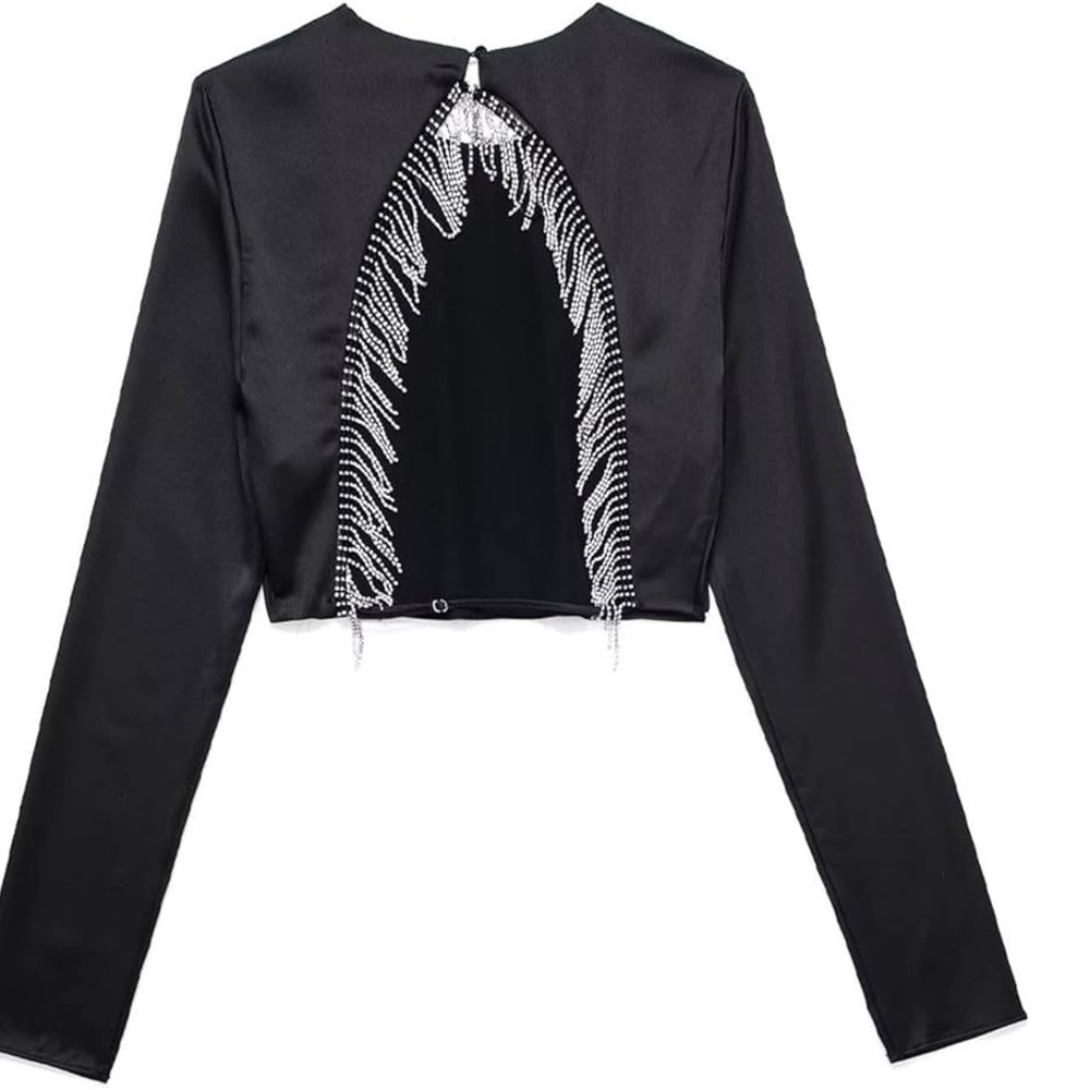 Zara rhinestone long sleeve black top